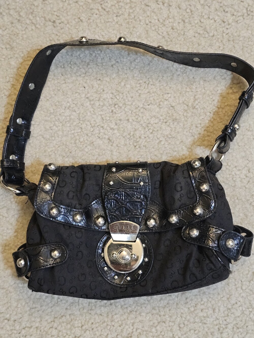 GUESS Black Logo Shoulder Bag with Silver Hardware